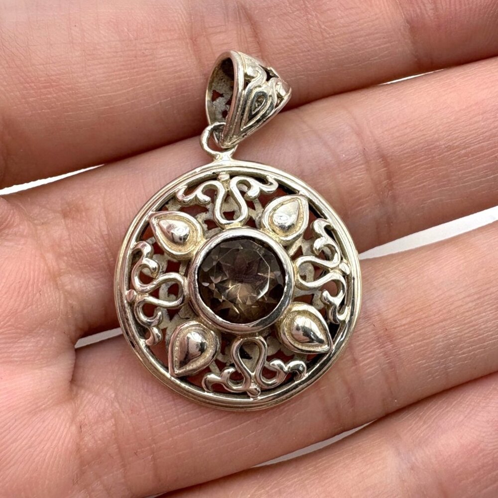 VTG Sterling Silver 925 Smoky Quartz Scroll Design Circle Pendant 1.5" Length